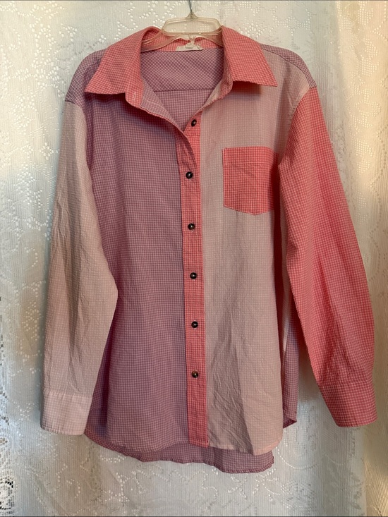 easel Tops - Easel Pink Patchwork Long-Sleeve Button-Up Shirt